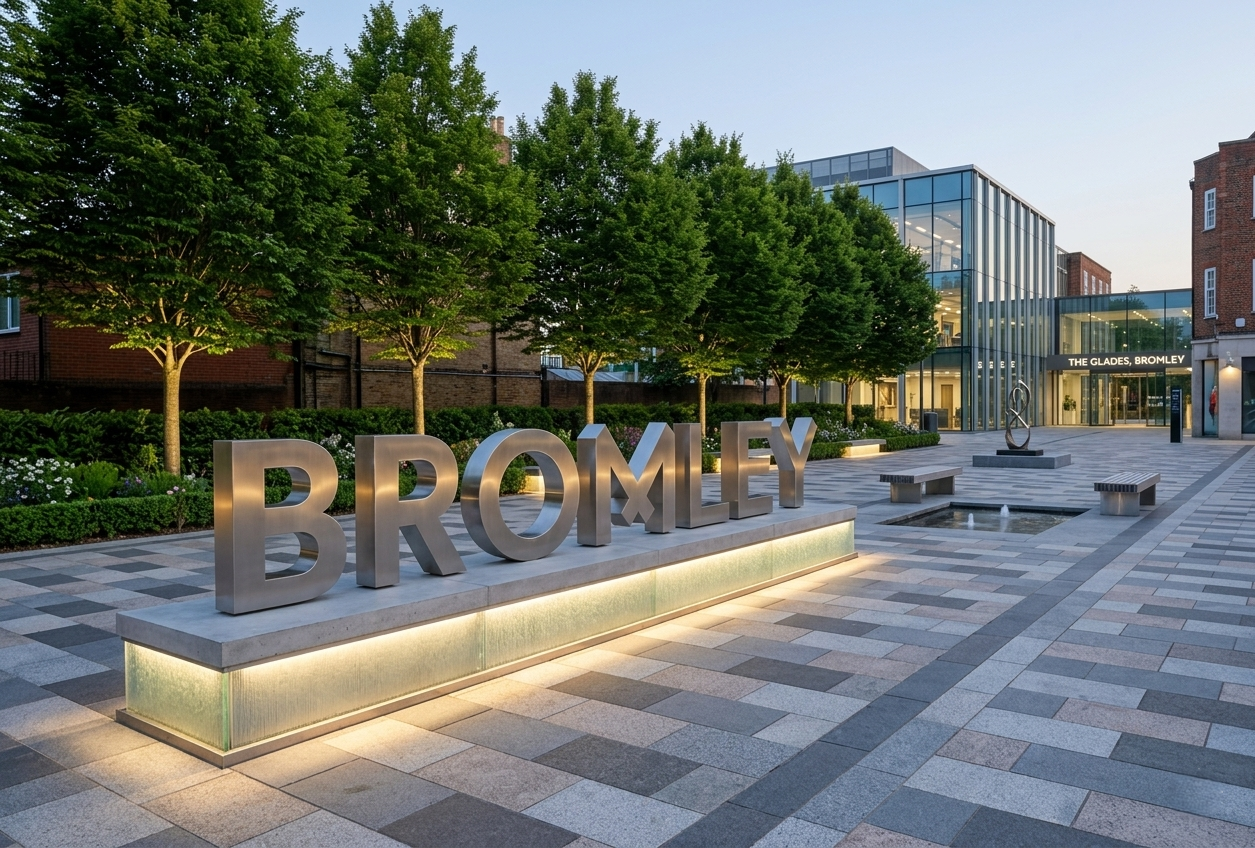 Skyline of Bromley during sunset with buildings